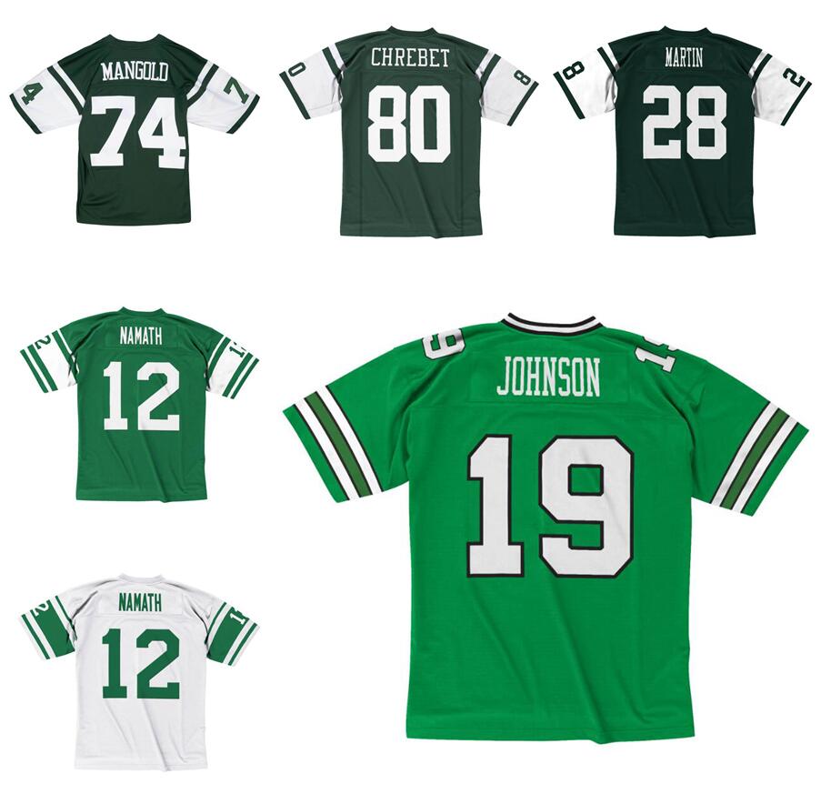 Stitched football Jersey 12 Joe Namath 19 Keyshawn Johnson 80 Wayne Chrebet 28 Curtis Martin 74 Nick Mangold 1968-2006 mesh retro Rugby jerseys Men women S-6XL