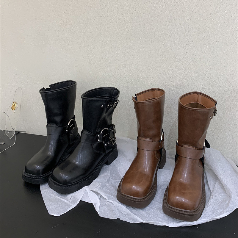 Retro Metal Buckle Western for Women Autumn Mid-calf Boots Fashion Cool Punk Shoes Female Black Brown Heels 230728 aa4e