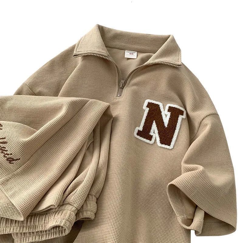 Women's Two Piece Pants Summer Shorts Matching Set Women Casual Clothes Solid Sportswear Suit Female Turn Down Collar Letter Tops Drawstring Pant