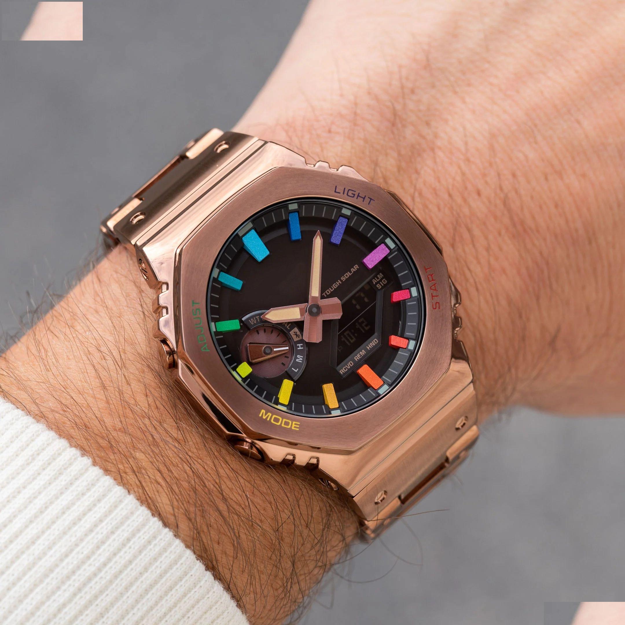 Wristwatches Sports Quartz Digital Uni Watch Original Shock Fl Function World Time Led Matic Hand Light Alloy Rainbow Dial Rose Gold G Dhjgl