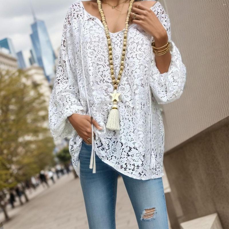Casual Dresses Boho White Lace Plus Size Women Sexy Hollow Out V Neck Long Sleeve Beach Holiday Blouse Elegant Female Bandage Tassel Shirts