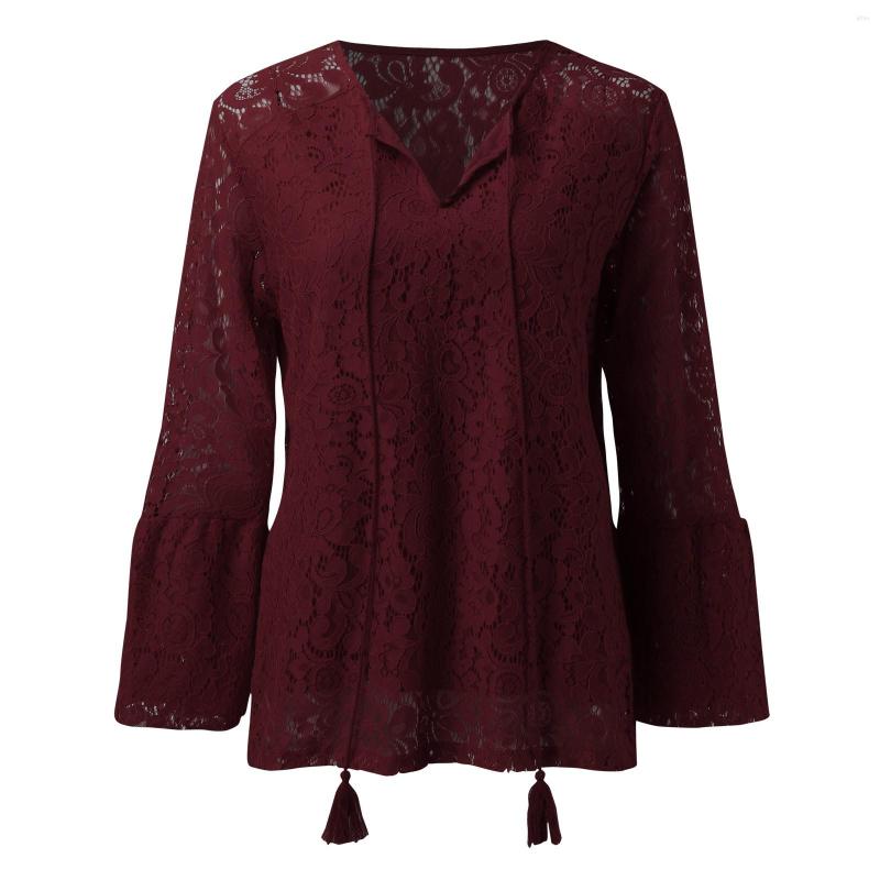 Casual Dresses Boho White Lace Plus Size Women Sexy Hollow Out V Neck Long Sleeve Beach Holiday Blouse Elegant Female Bandage Tassel Shirts