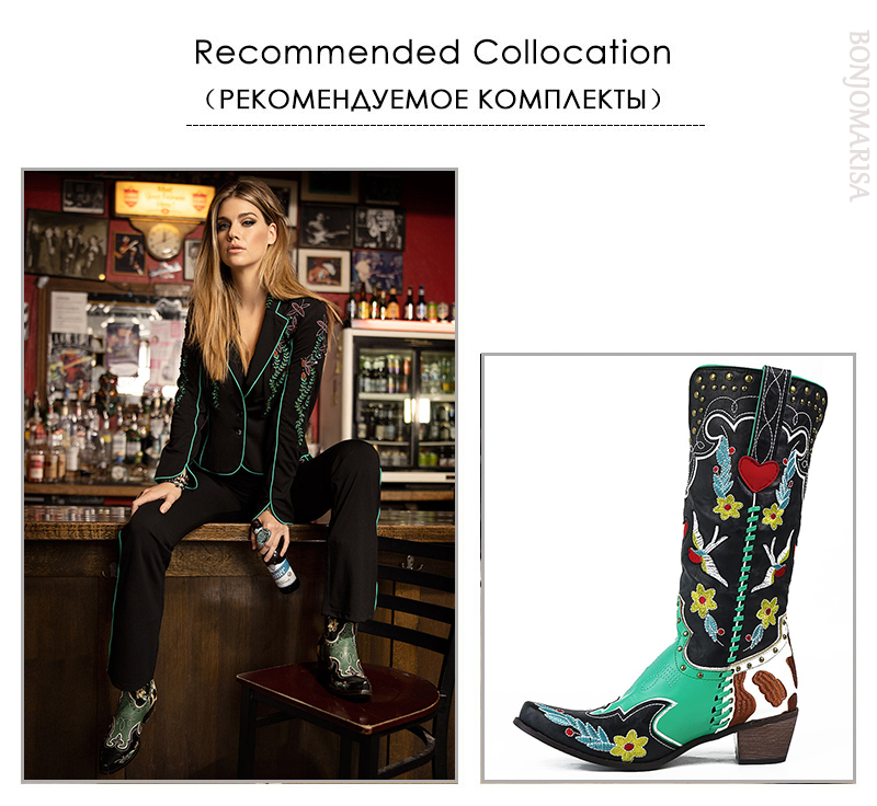 BONJOMA Western Cowboy Women Cowgirl Mid Calf Boots Heart Retro Embroidered Slip On Chunky Casual Spring Shoes Woman 230729 45b7