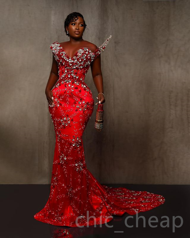 Aso 2023 Ebi Red Mermaid Prom Dress Beaded Crystals Sexy Evening Formal Party Second Reception Birthday Engagement Gowns Dresses Robe De Soiree Zj780 