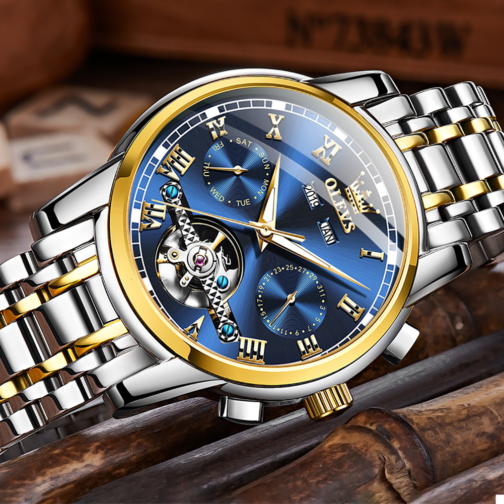 Wristwatches OLEVS Mens Watches Automatic Mechanical Business Wristwatch Waterproof Stainless Steel Strap Watch for Man Skeleton Calendar 230728