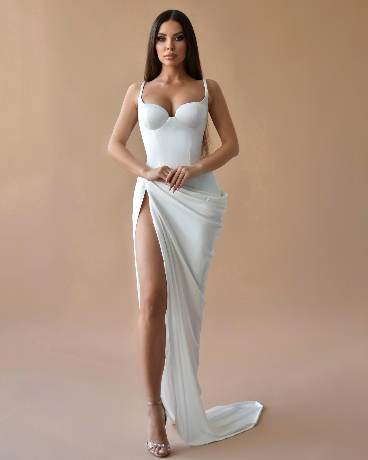 Glamourous Satin Sheath Dresses Spaghetti Wedding Dress Sweep Train Split Robe De Mariee Bridal Gowns 0516