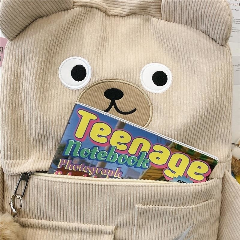 School Bags Creative Cartoon Backpack Women Cute Bear Casual Backpacks Large Corduroy Embroidery Schoolbag For Teenage Student 230728