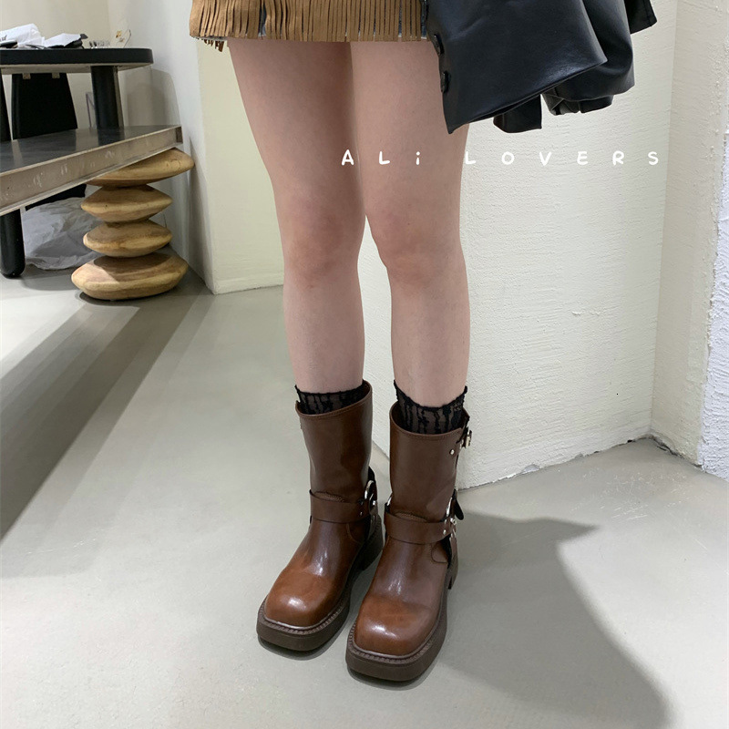 Retro Metal Buckle Western for Women Autumn Mid-calf Boots Fashion Cool Punk Shoes Female Black Brown Heels 230728 aa4e
