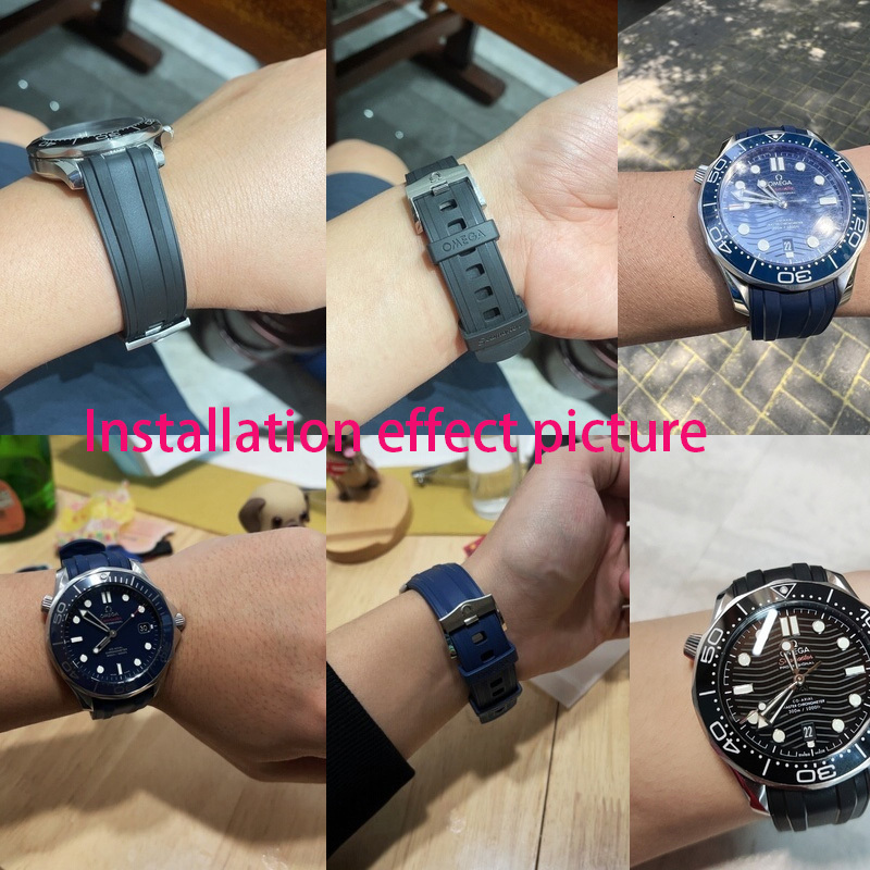 Watch Bands High Quality diving Fluorous Rubber Silicone Watch Band Belt Fit For Omeg-a Seamaste-r 300 Black Blue Soft Strap 20/22mm 230728