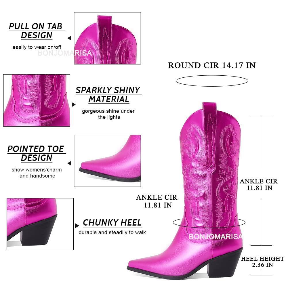 Women's Western Cowboy Cowgirl Embroidered Pointed Toe Metallic Heeled Mid Calf Boots 230728