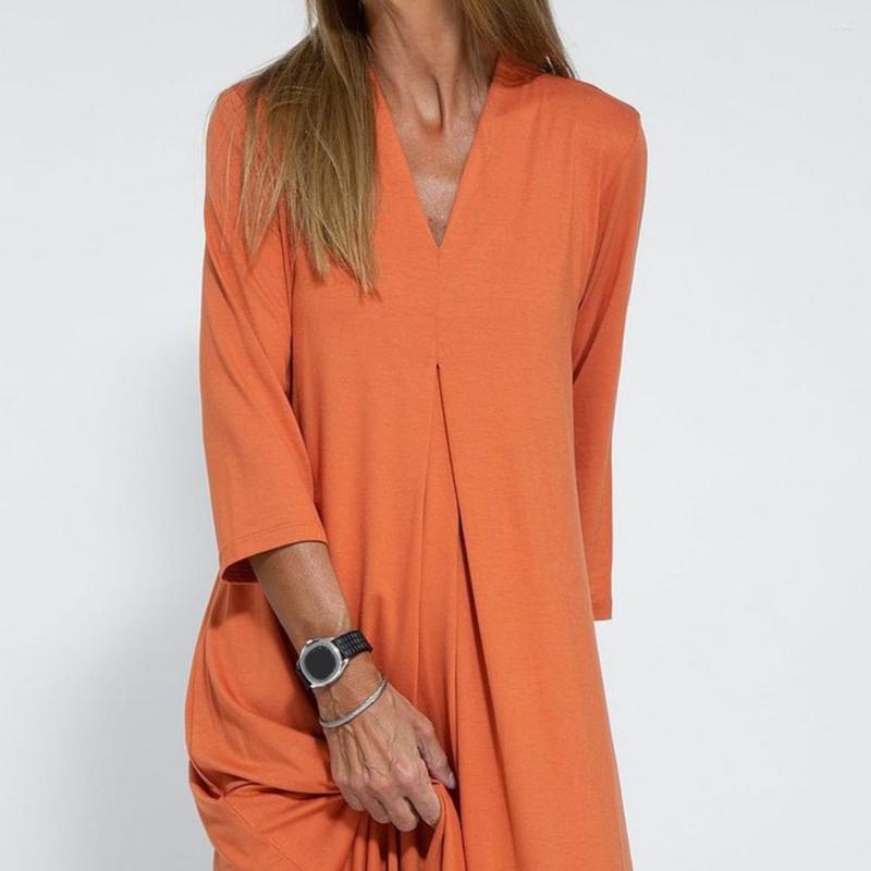 Casual Dresses Women Dress Solid Color Side Split Hem Loose V Neck 3/4 Pleated Sleeve Knitted Soft Ankle Length Maxi