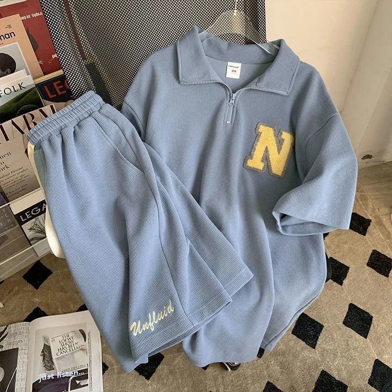 Women's Two Piece Pants Summer Shorts Matching Set Women Casual Clothes Solid Sportswear Suit Female Turn Down Collar Letter Tops Drawstring Pant