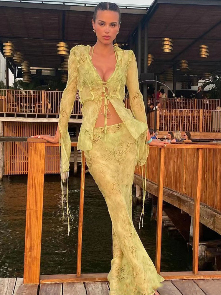 Two Piece Dress Leopard Print Beach Outfits For Women Long Sleeve Top And Skirt Two Piece Set Summer Vacation Outfits Long Skirt Co ord Sets 230729