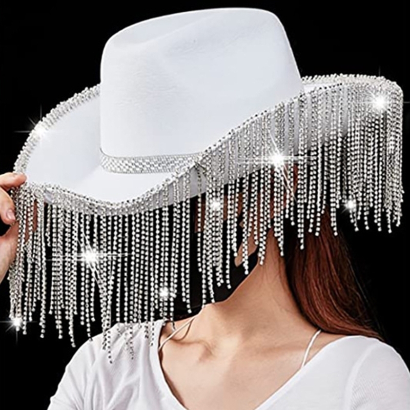 Wide Brim Hats Bucket s Cowgirl Glitter Rave Cow Girl Hat with Fringe Adult Size Cowboy for Party 3 Color 230729