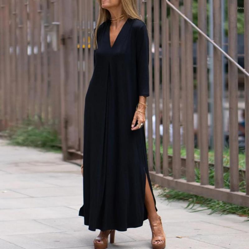 Casual Dresses Women Dress Solid Color Side Split Hem Loose V Neck 3/4 Pleated Sleeve Knitted Soft Ankle Length Maxi