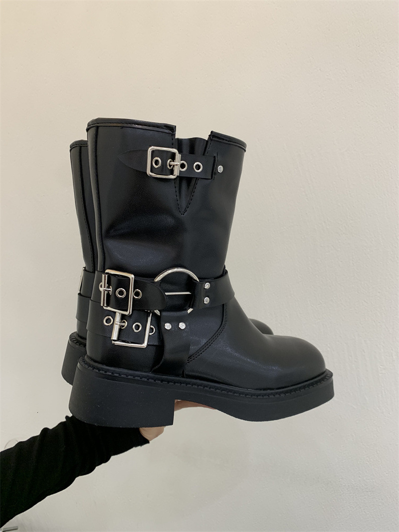Retro Metal Buckle Western for Women Autumn Mid-calf Boots Fashion Cool Punk Shoes Female Black Brown Heels 230728 aa4e