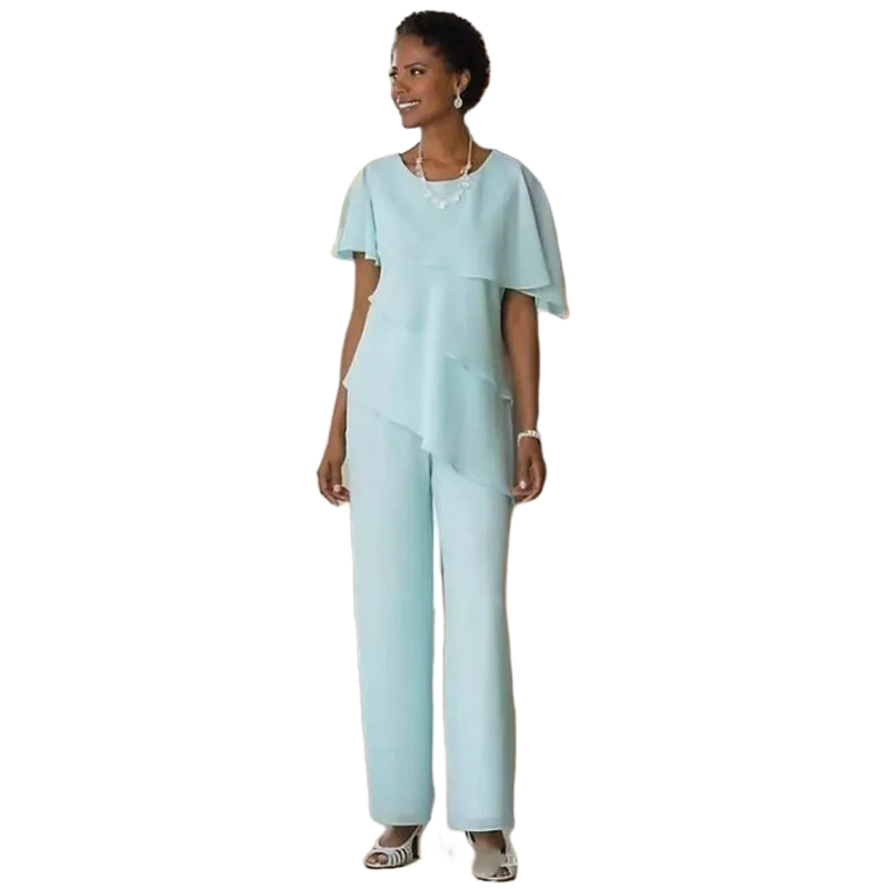 Chiffon Mother Of The Bride Pants Suits Tiered Cape Sleeves Simple Wedding Guest Gowns Two Pieces Groom Mom Formal Wear Light Sky Blue Vestido