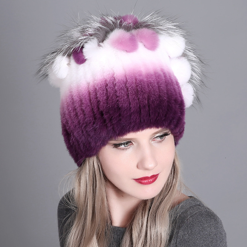 Beanie Skull Caps Winter Women s Warm Fashion Beanie Knitted Hat Real Rex Rabbit Fur With Side Flower Russia 230729