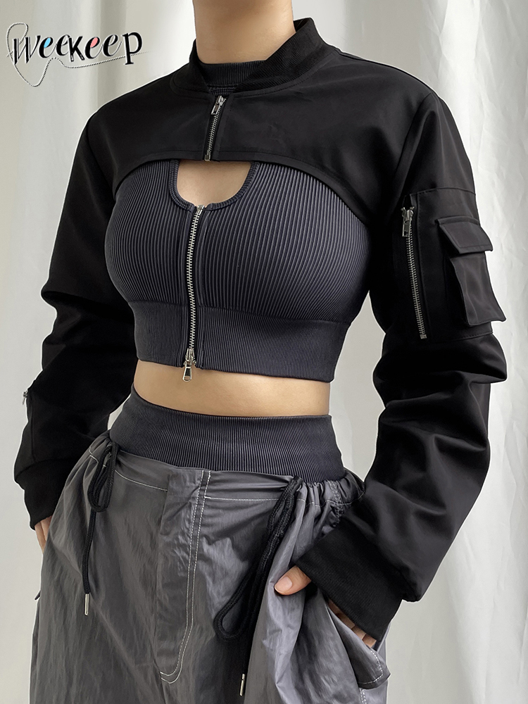 Women s Jackets Weekeep Punk Style Super Cropped Jacket Zip Up Pocket Patchwork Cargo Women Outfits Streetwear Black Coat Korean Fashion 230729