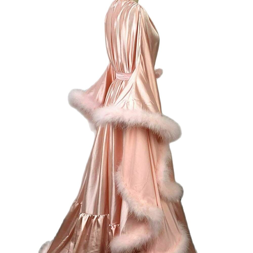 Winter Feather Bridal Robe Sleepwear Long Sleeve Lingerie Wedding Evening Bathrobe Nightwear Custom Made Robe Gowns