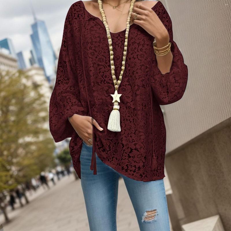 Casual Dresses Boho White Lace Plus Size Women Sexy Hollow Out V Neck Long Sleeve Beach Holiday Blouse Elegant Female Bandage Tassel Shirts
