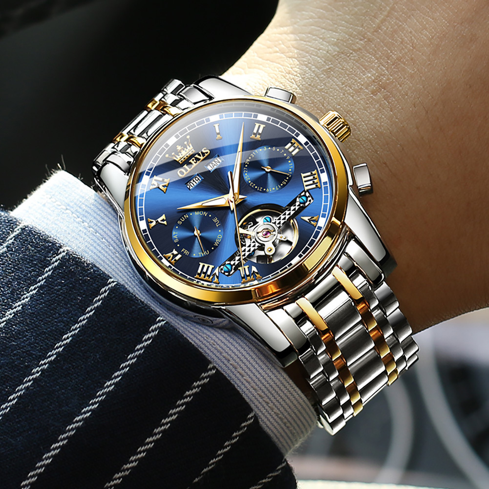 Wristwatches OLEVS Mens Watches Automatic Mechanical Business Wristwatch Waterproof Stainless Steel Strap Watch for Man Skeleton Calendar 230728