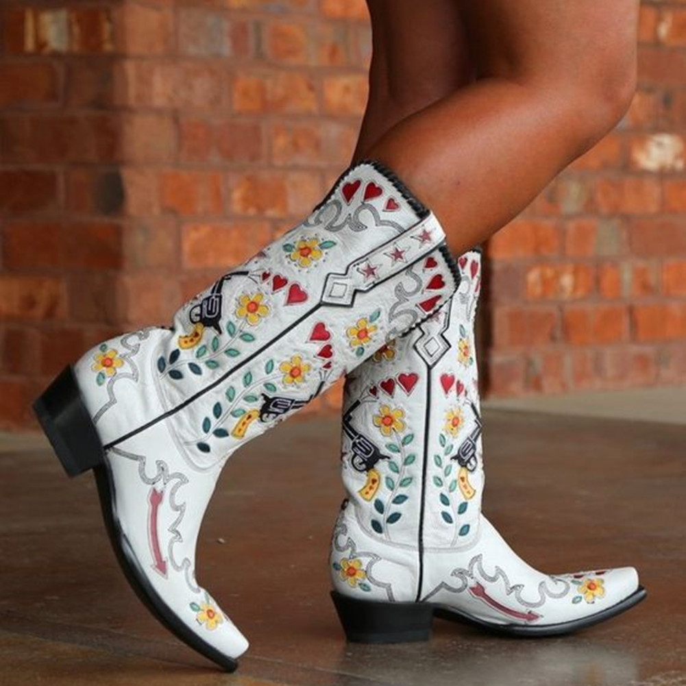 BONJOMA Western Cowboy Women Cowgirl Mid Calf Boots Heart Retro Embroidered Slip On Chunky Casual Spring Shoes Woman 230729 45b7