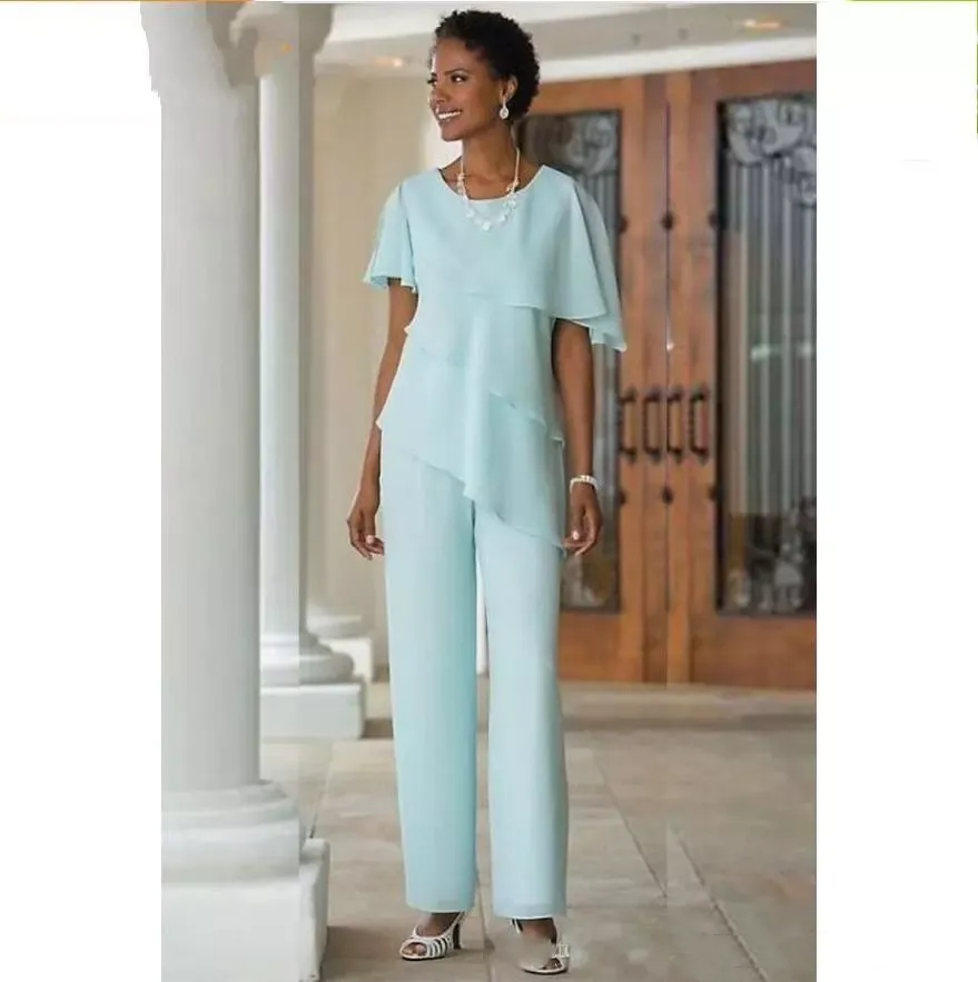 Chiffon Mother Of The Bride Pants Suits Tiered Cape Sleeves Simple Wedding Guest Gowns Two Pieces Groom Mom Formal Wear Light Sky Blue Vestido
