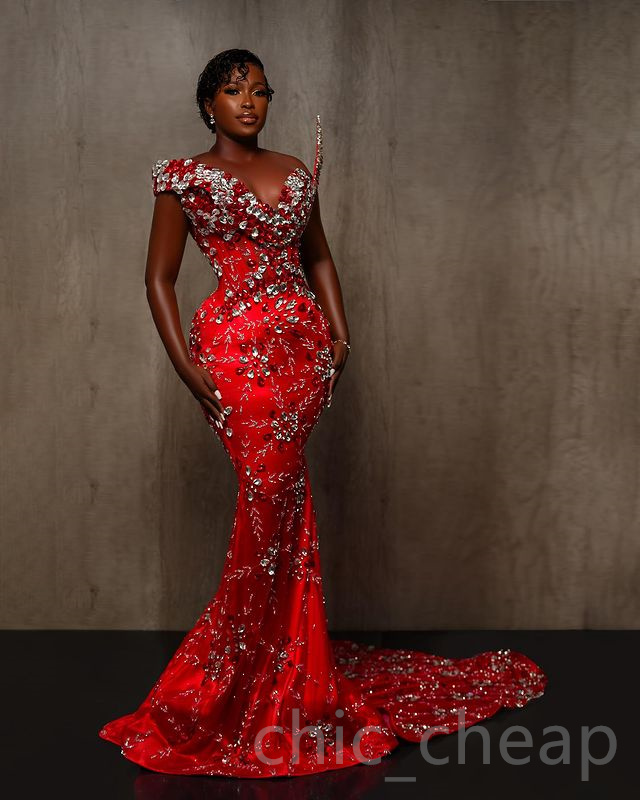 Aso 2023 Ebi Red Mermaid Prom Dress Beaded Crystals Sexy Evening Formal Party Second Reception Birthday Engagement Gowns Dresses Robe De Soiree Zj780 