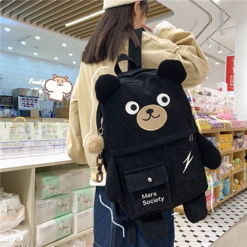 School Bags Creative Cartoon Backpack Women Cute Bear Casual Backpacks Large Corduroy Embroidery Schoolbag For Teenage Student 230728