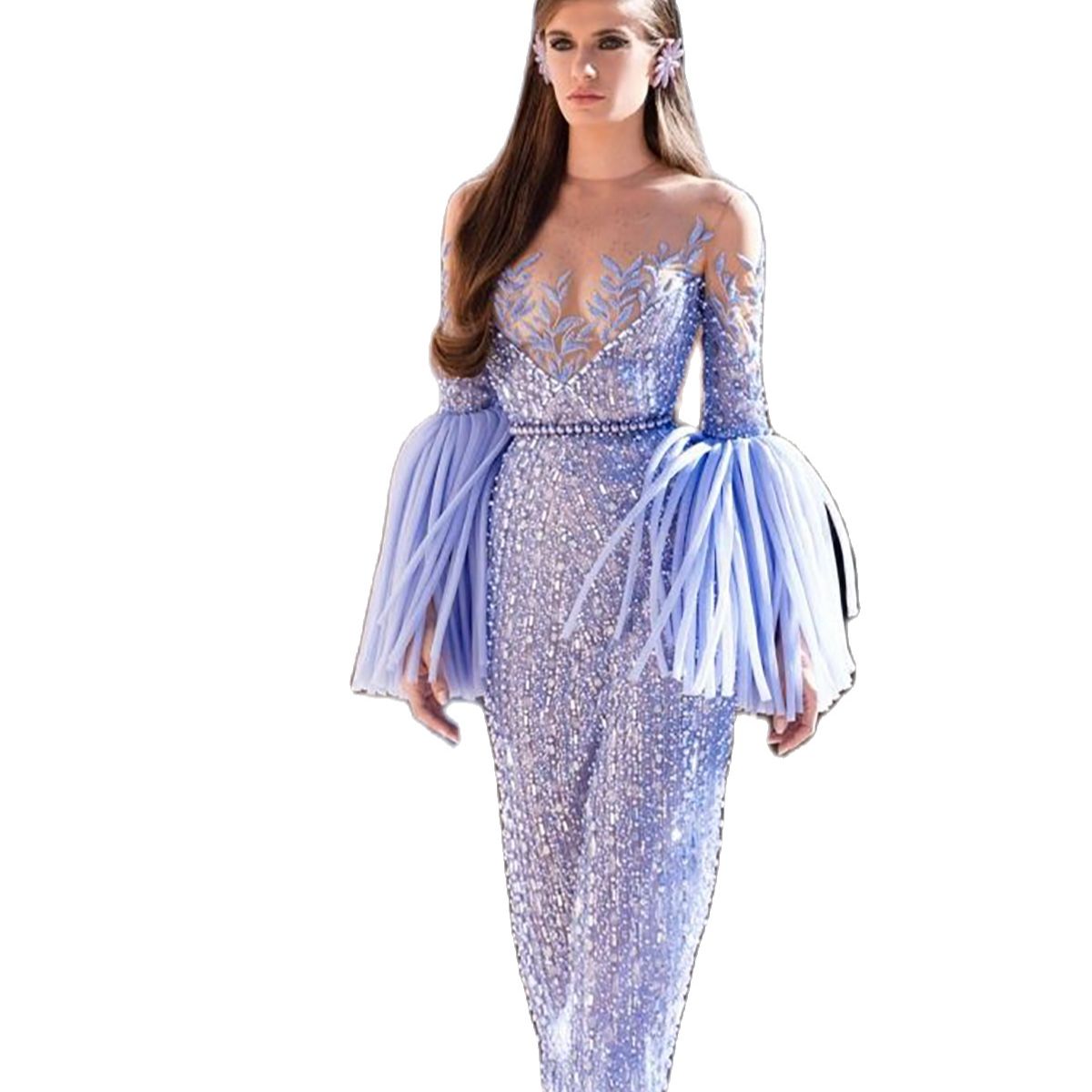 Lavender Purple Evening Dresses Sheer Jewel Neck Beading Long Sleeve Prom Dress Custom Made Masquerade Birthday Mermaid Gowns