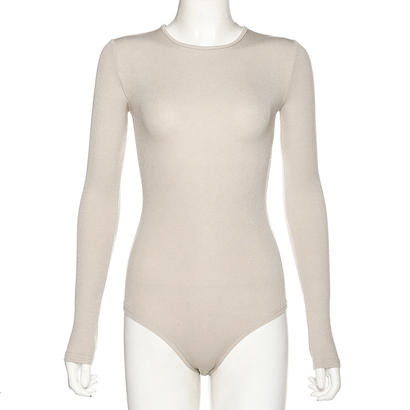 Womens Jumpsuits Rompers Slim Ladies Sexy Bodysuit Solid Fashion Skinny Bodycon Women Bodysuit Long Sleeveles ONeck Casual Black Beige Female Bodysuit