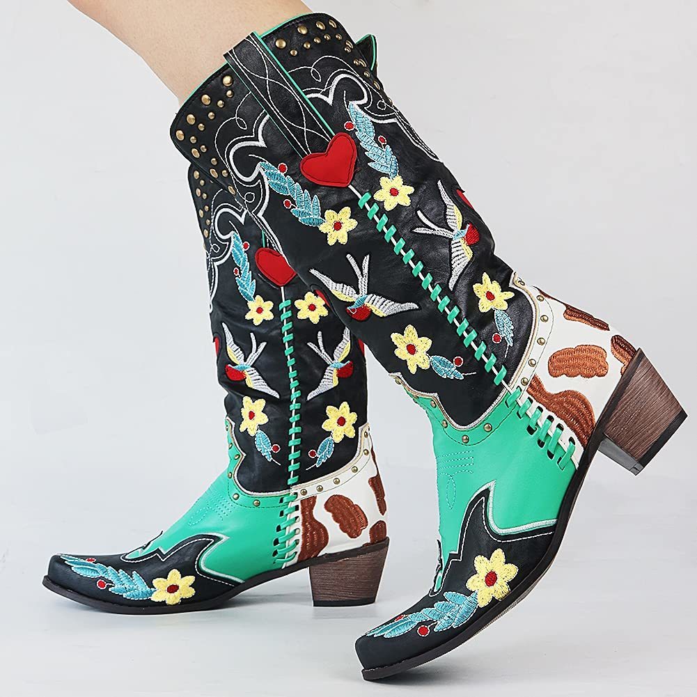 BONJOMA Western Cowboy Women Cowgirl Mid Calf Boots Heart Retro Embroidered Slip On Chunky Casual Spring Shoes Woman 230729 45b7