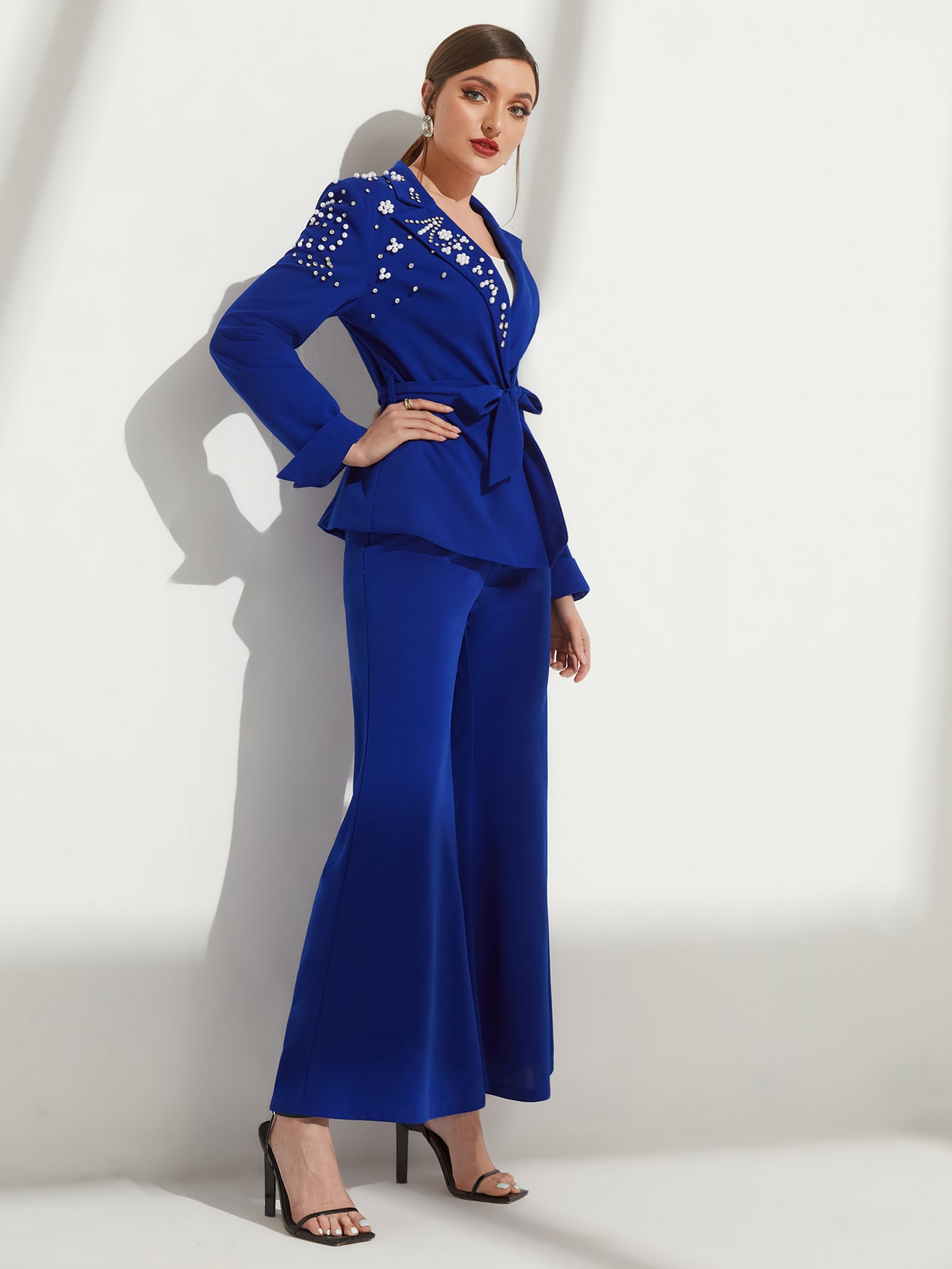 Fashion Women Pants Suits Crystal Beading Blazer Sets Loose Flare Trouser 2 Pieces Custom Made For Lady