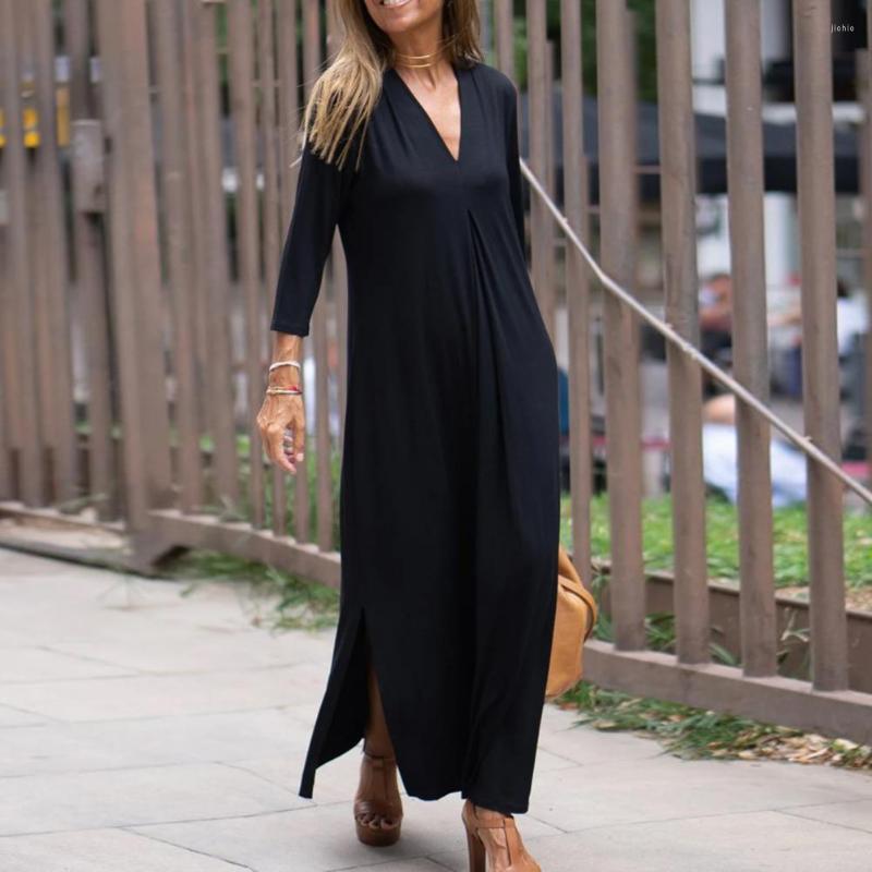 Casual Dresses Women Dress Solid Color Side Split Hem Loose V Neck 3/4 Pleated Sleeve Knitted Soft Ankle Length Maxi