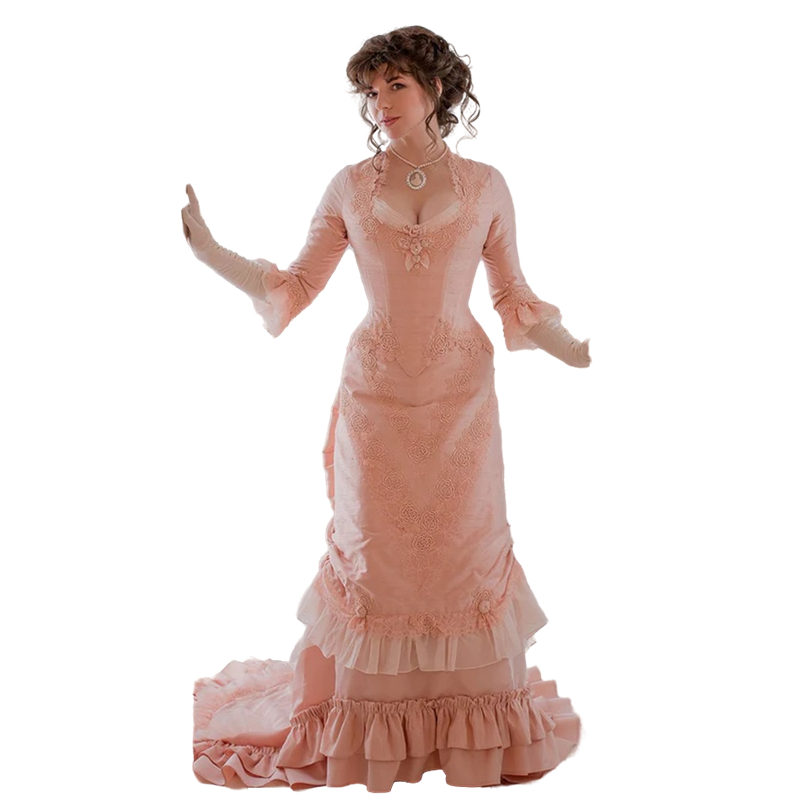 Vintage Pink Victorian Bustle Evening Dresses Corset Historical Costume Prom Party Gowns Ruched Sweetheart Half Sleeves Court Train Women Special Occa