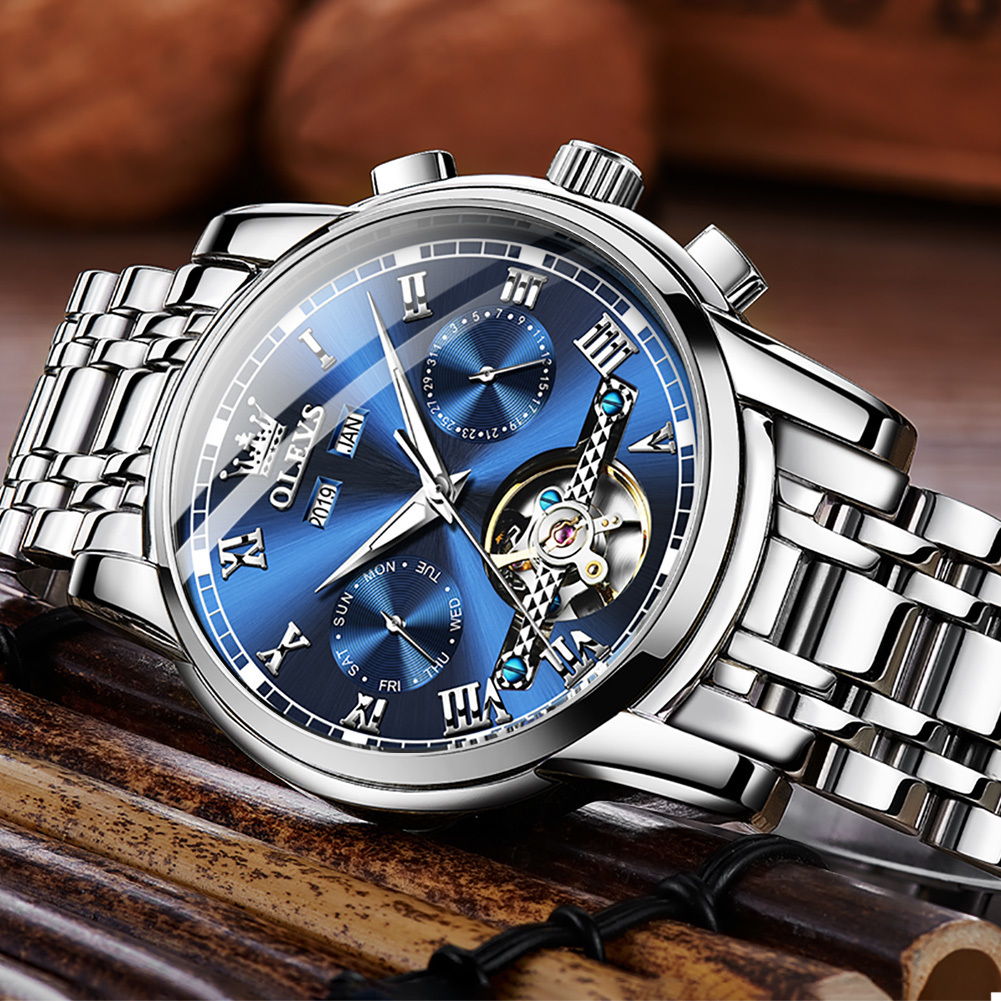 Wristwatches OLEVS Mens Watches Automatic Mechanical Business Wristwatch Waterproof Stainless Steel Strap Watch for Man Skeleton Calendar 230728