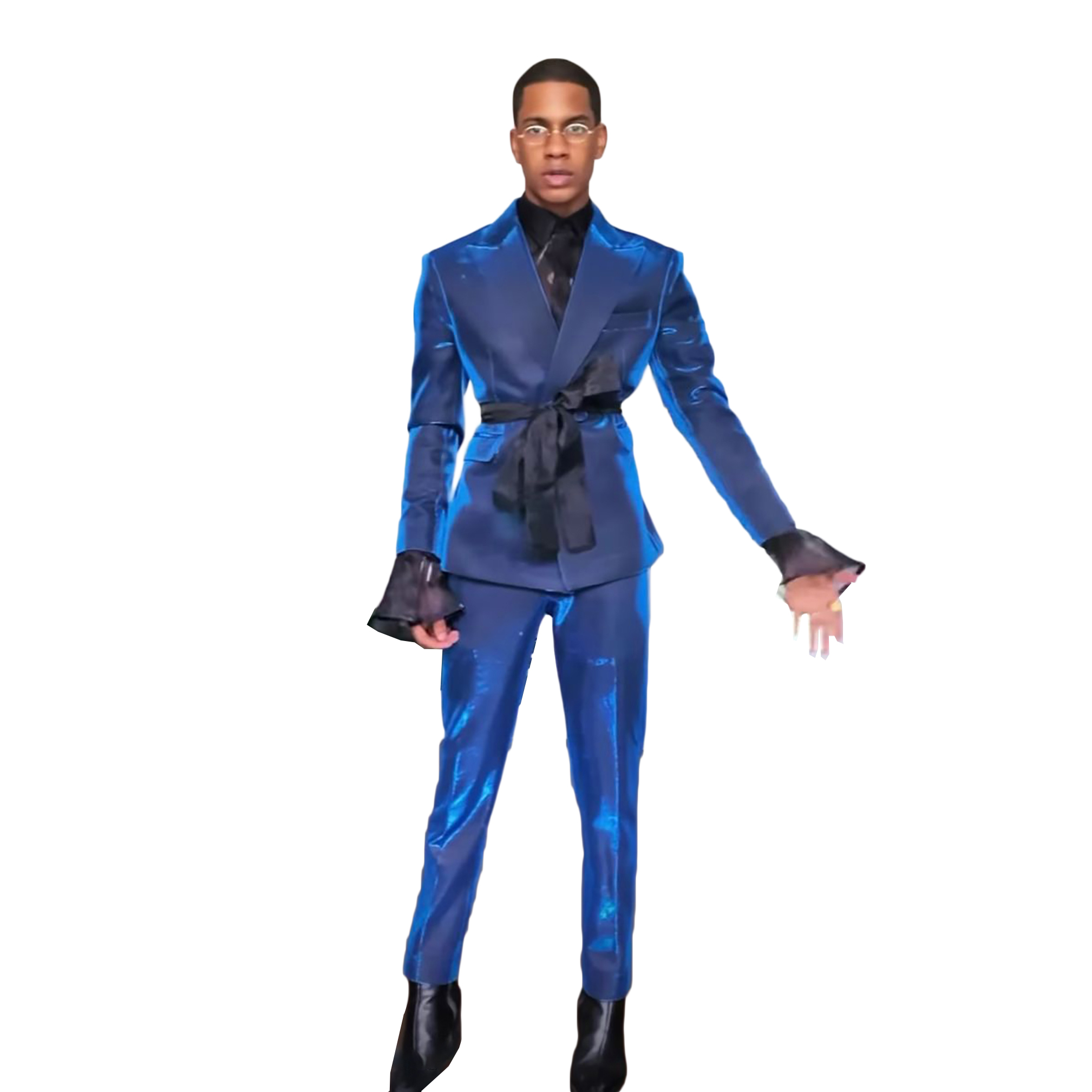 Shiny Blue Men Wedding Tuxedos 2 Pieces Peaked Lapel Formal Prom Party Customized Jacket Pants Groom Evening Fashion Show Wear
