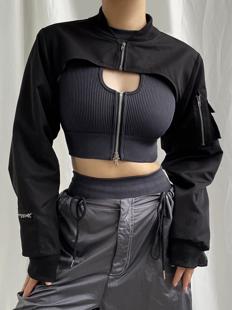 Women s Jackets Weekeep Punk Style Super Cropped Jacket Zip Up Pocket Patchwork Cargo Women Outfits Streetwear Black Coat Korean Fashion 230729