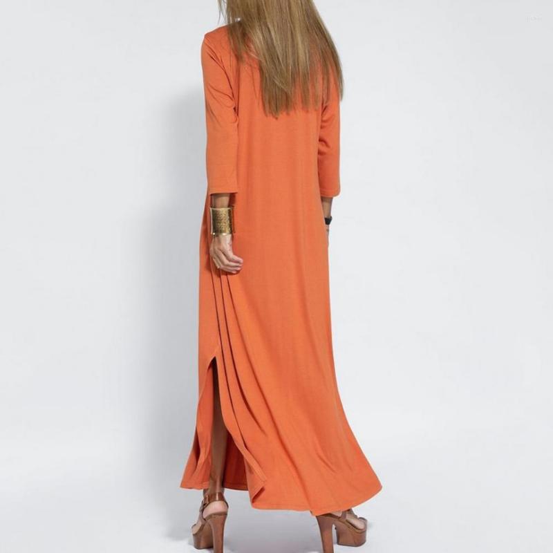 Casual Dresses Women Dress Solid Color Side Split Hem Loose V Neck 3/4 Pleated Sleeve Knitted Soft Ankle Length Maxi