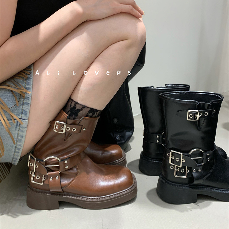 Retro Metal Buckle Western for Women Autumn Mid-calf Boots Fashion Cool Punk Shoes Female Black Brown Heels 230728 aa4e