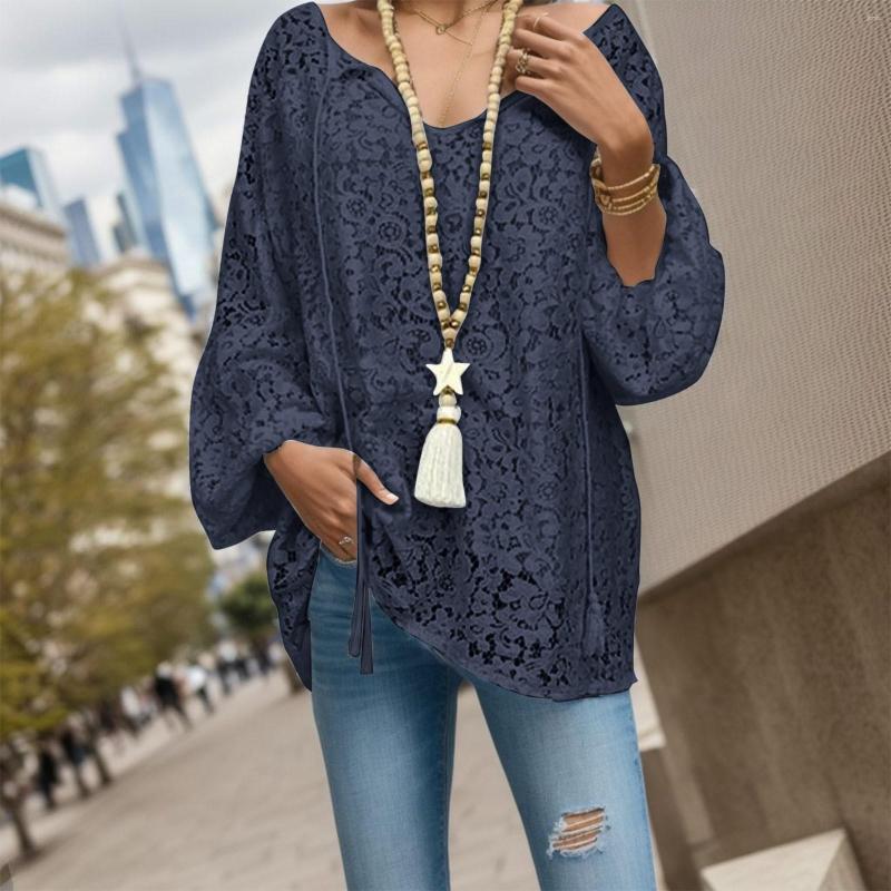 Casual Dresses Boho White Lace Plus Size Women Sexy Hollow Out V Neck Long Sleeve Beach Holiday Blouse Elegant Female Bandage Tassel Shirts