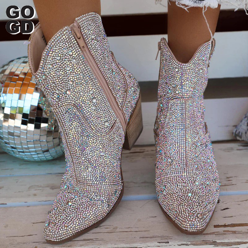 Boots GOGD Fashion Women Ankle Boots Spring Western Cowboy Boots Clear Glitter Bling Shiny Trend High Heels High Quality Shoes 230729