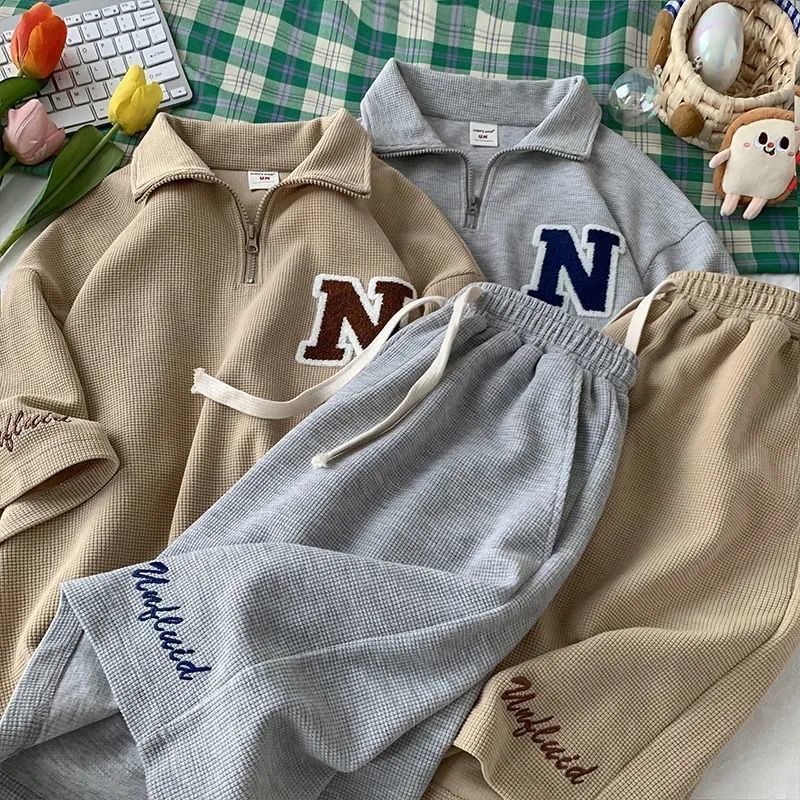 Women's Two Piece Pants Summer Shorts Matching Set Women Casual Clothes Solid Sportswear Suit Female Turn Down Collar Letter Tops Drawstring Pant