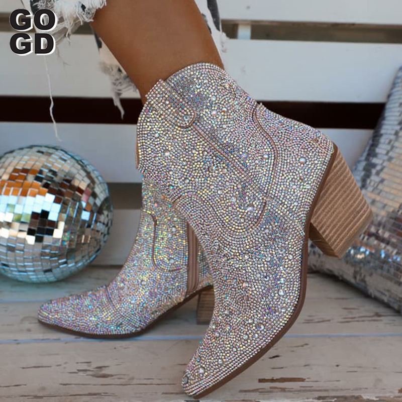Boots GOGD Fashion Women Ankle Boots Spring Western Cowboy Boots Clear Glitter Bling Shiny Trend High Heels High Quality Shoes 230729