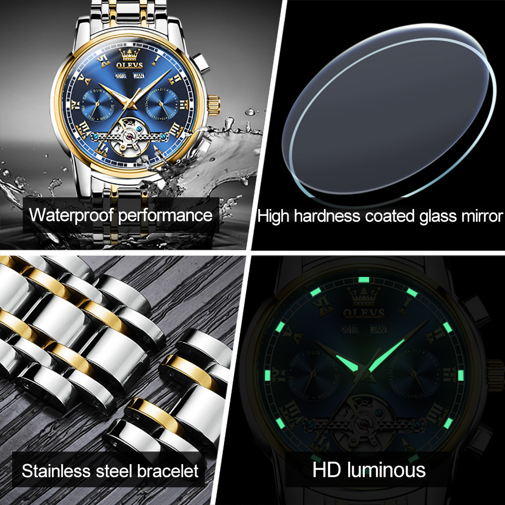 Wristwatches OLEVS Mens Watches Automatic Mechanical Business Wristwatch Waterproof Stainless Steel Strap Watch for Man Skeleton Calendar 230728