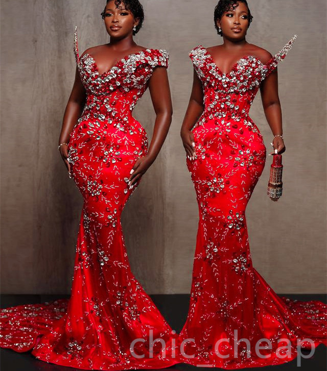 Aso 2023 Ebi Red Mermaid Prom Dress Beaded Crystals Sexy Evening Formal Party Second Reception Birthday Engagement Gowns Dresses Robe De Soiree Zj780 