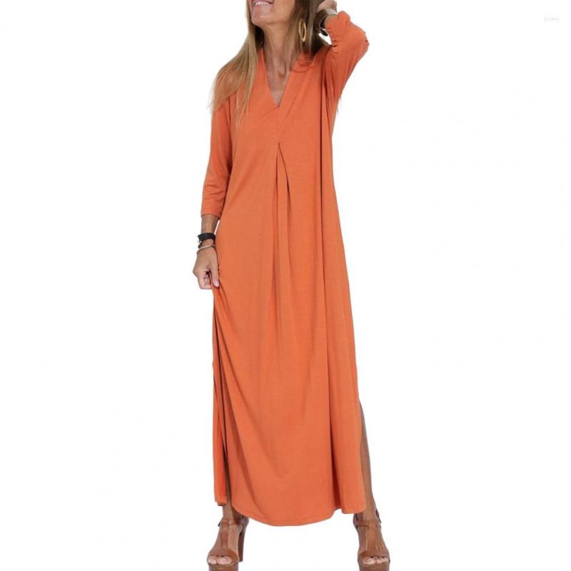 Casual Dresses Women Dress Solid Color Side Split Hem Loose V Neck 3/4 Pleated Sleeve Knitted Soft Ankle Length Maxi