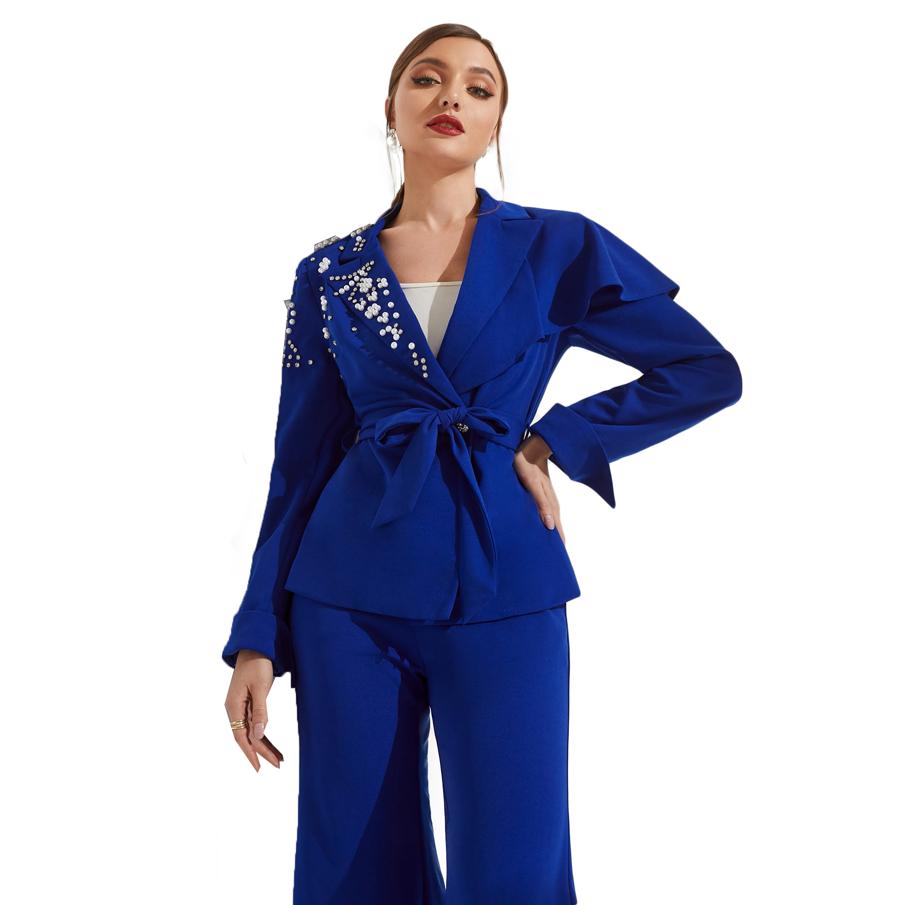Fashion Women Pants Suits Crystal Beading Blazer Sets Loose Flare Trouser 2 Pieces Custom Made For Lady
