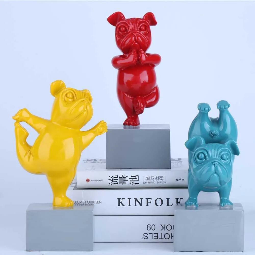 Lovely Yoga French Bulldog Statue Resin Figurines Nordic Creative Cartoon Animals Sculpture Children' Room Decor Crafts 210823